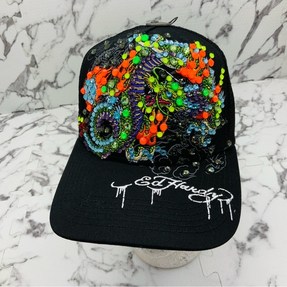 Ed Hardy Dragons BlackMulticolor Rhinestone Trucker Hat NWT